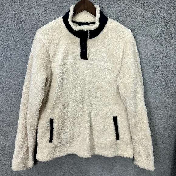 Eddie Bauer sherpa fleece pullover sweatshirt women Large ivory snap collar cozy - Picture 1 of 9